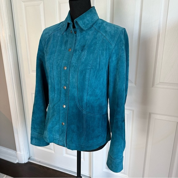 Coldwater Creek Teal Aqua Suede Leather Fitted Jacket - Picture 2 of 6
